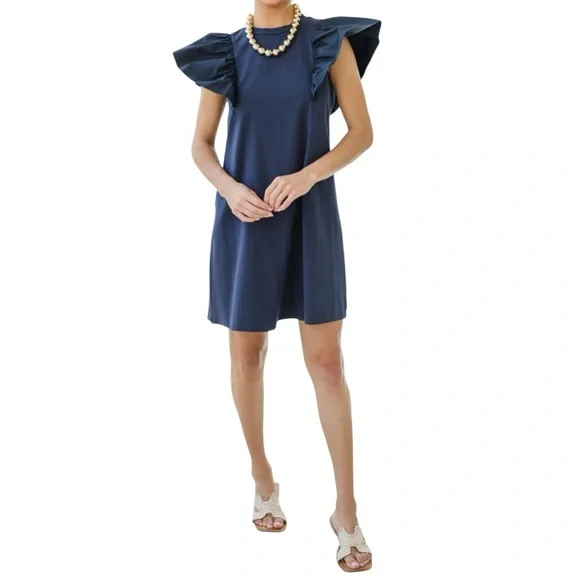 TCEC Ruffle Sleeve Navy women’s Mini T-shirt Dress size Large casual stretch new - Picture 1 of 8